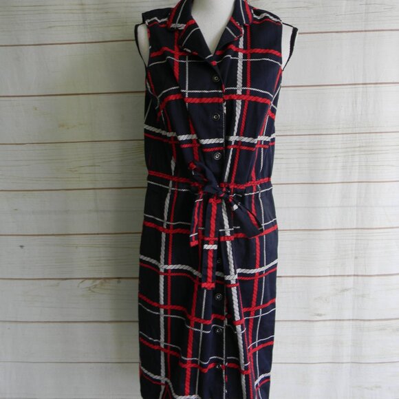 TALBOTS RED/WHITE/BLUE NAUTICAL ROPE SLEEVELESS SHIRT DRESS TIE WAIST SZ 12 - Picture 1 of 4